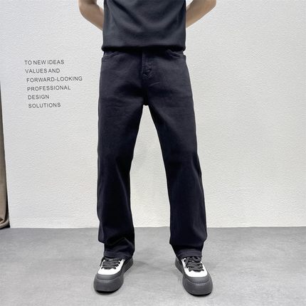 秋冬新品原创有型宽松弹力加绒直筒纯色水洗牛仔裤男潮流百搭长裤