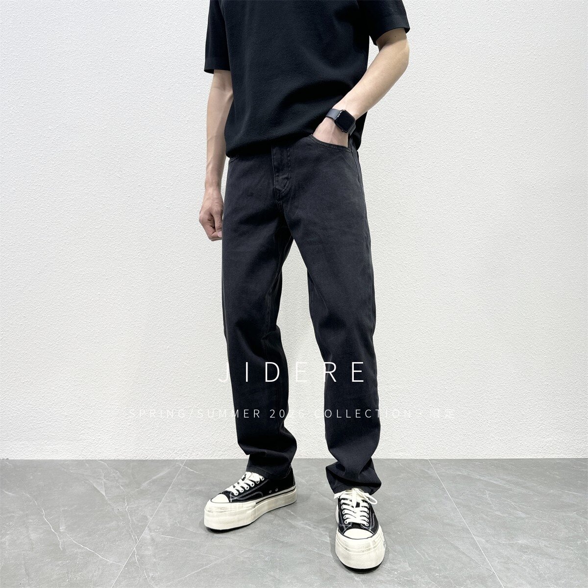 JIDERE四面弹力基础经典黑色天丝小直筒牛仔裤男夏薄合身显瘦长裤