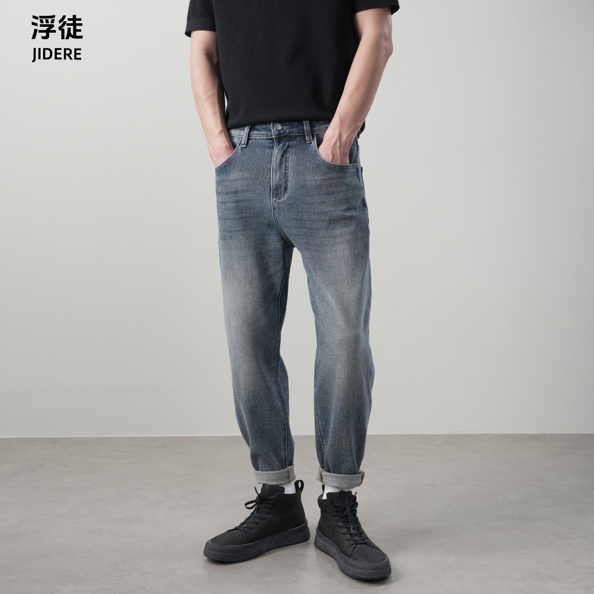 四面弹力水洗蓝微宽合体小脚牛仔裤男春季新款简约百搭锥形老爹裤,男装,牛仔裤,淘宝优惠券,粉丝福利购,淘宝优惠卷