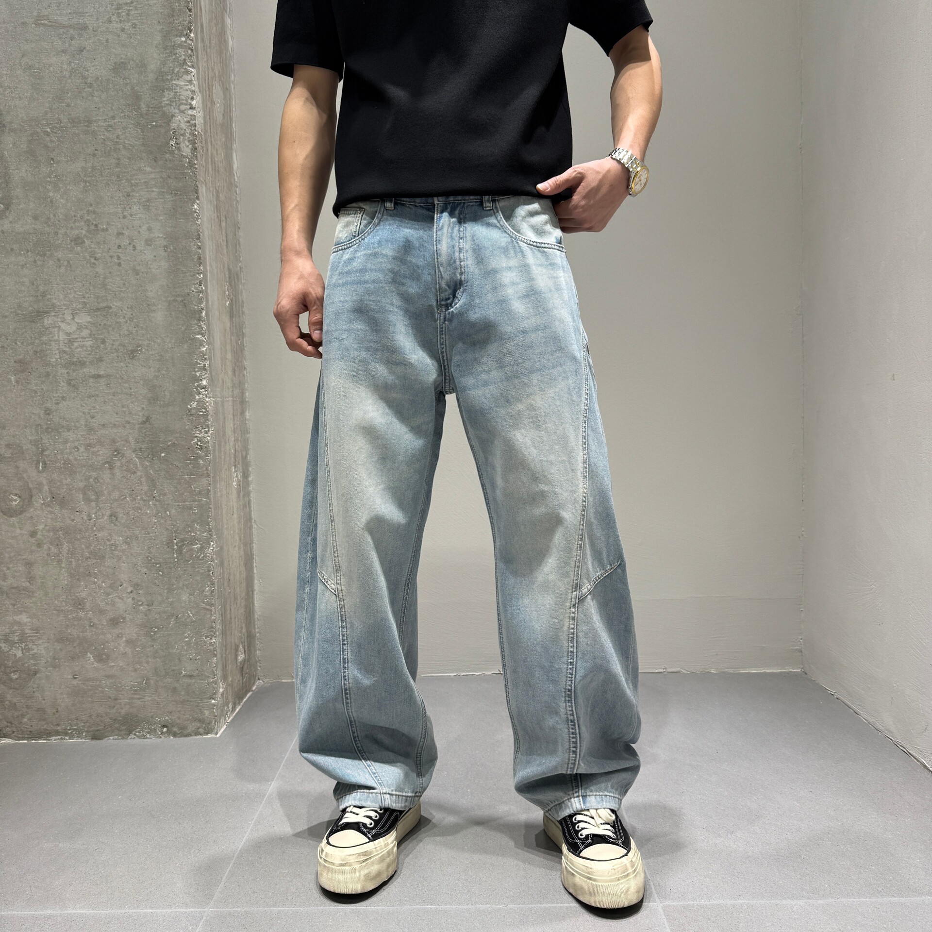 美式复古水洗直筒天丝牛仔裤男 夏薄斜裁分割 cleanfit弯刀阔腿裤