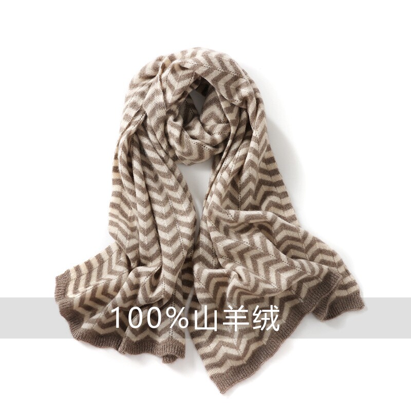 秋冬季100%纯山羊绒女围巾波浪纹撞色保暖护颈长款围脖披肩两用厚