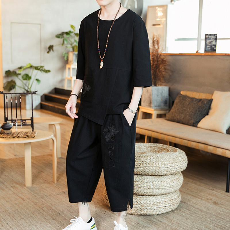 새로운 중국 스타일의 국가 동향 면과 린넨 자수 반팔 티셔츠 남성 7부 바지 반바지 반바지 투피스 양복 뚱뚱한 남자 대형