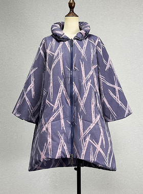 品牌折扣中长款紫色棉衣女A字宽松大版喇叭袖拉链保暖九分袖棉服