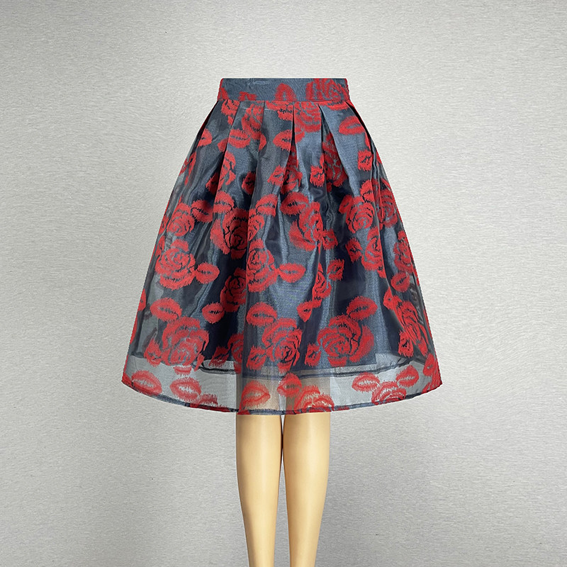 深蓝色高腰半身裙蓬蓬裙女甜美性感花卉印花公主裙a字裙大摆裙子