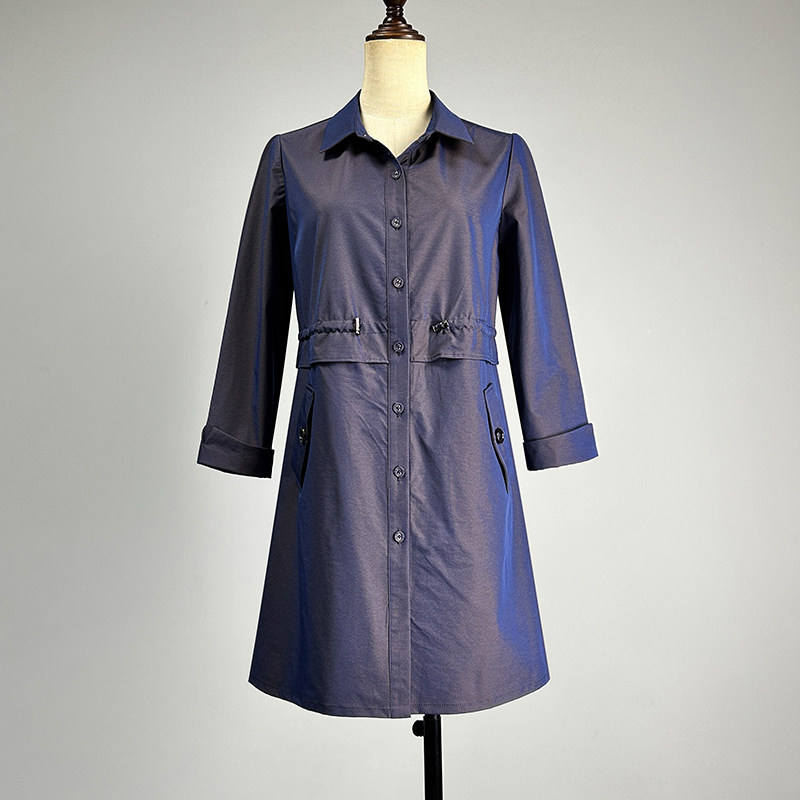 品牌藏青色九分袖风衣女2026春秋单排扣POLO领抽绳收腰紫色外套