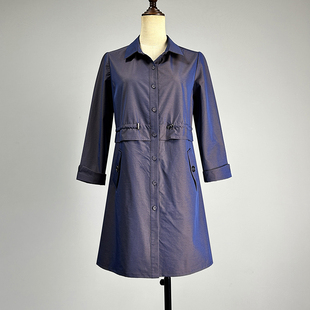 品牌藏青色九分袖 风衣女2026春秋单排扣POLO领抽绳收腰紫色外套