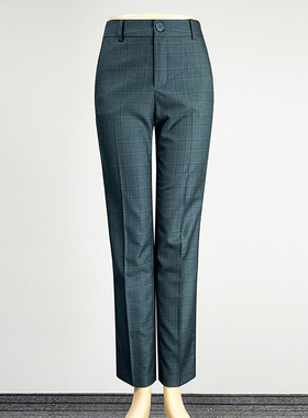 品牌绿色格子西装裤直筒裤女2025职业装中腰修身显瘦包臀西裤长裤