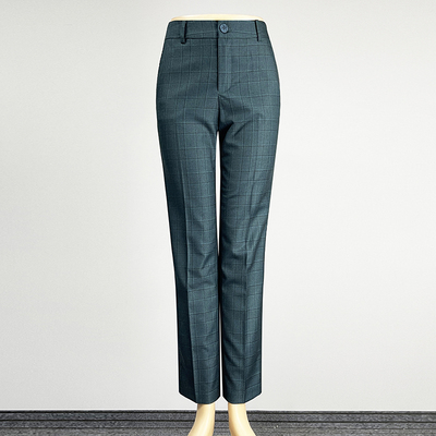职业装绿色格子西装裤直筒裤长裤