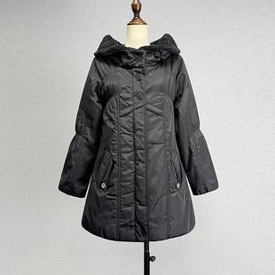 品牌折扣中长款黑色棉衣棉服女秋冬显瘦A字型大翻领保暖拉链外套