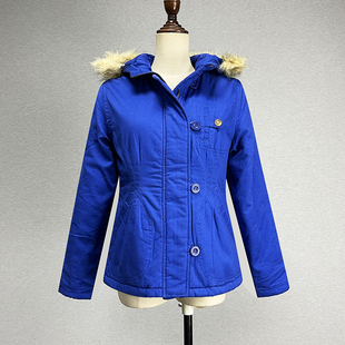 品牌折扣宝蓝色纯棉棉衣棉服女2024秋冬加厚保暖拉链连帽短外套