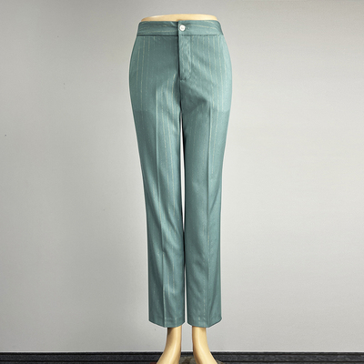 职业装浅绿色条纹西裤九分直筒裤