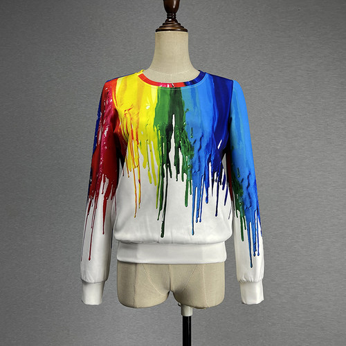 白色太空棉彩虹色印花长袖T恤