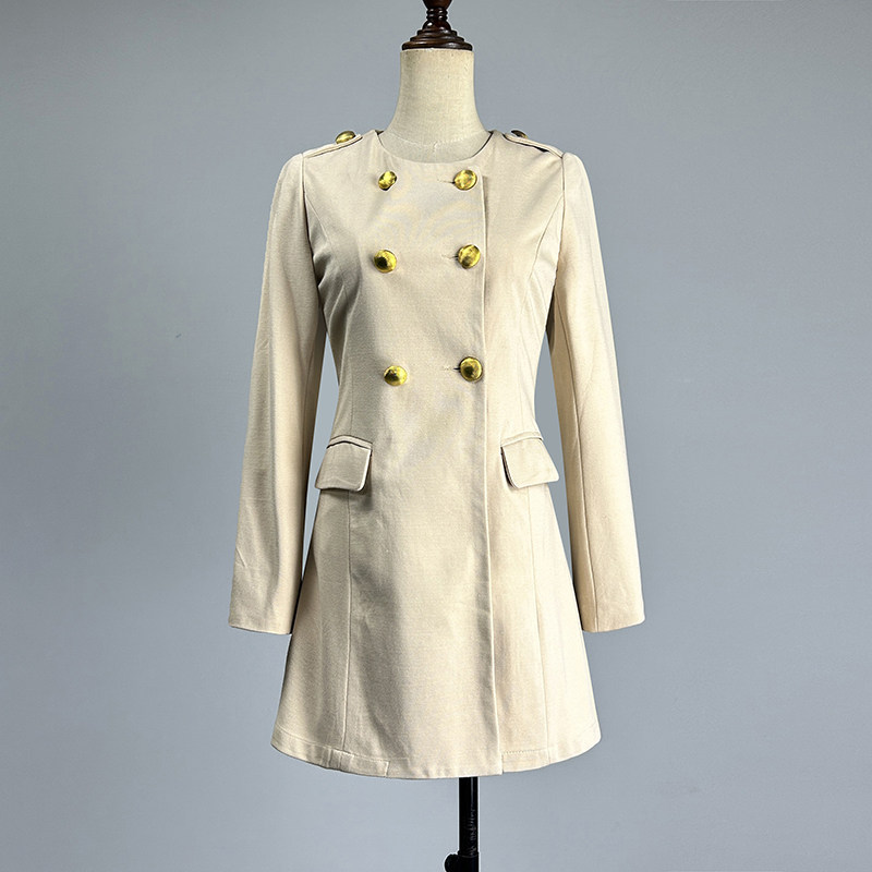 中长款杏色长袖风衣女2026春秋修身收腰显瘦双排扣圆领外套