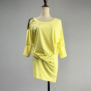 T恤女2025宽松钉珠重工设计感黄色t恤 九分袖 品牌中长款 灰色蝙蝠袖
