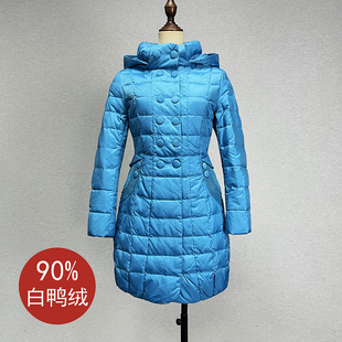 品牌折扣中长款白鸭绒黑色连帽羽绒服女秋冬收腰加厚保暖拉链外套