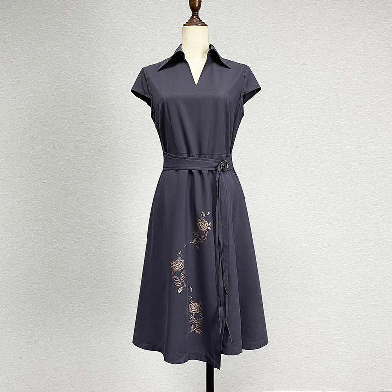 小香风a字裙紫灰色腰带连衣裙