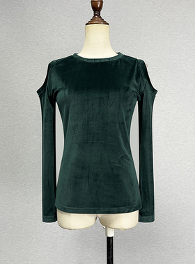 金丝绒墨绿色长袖T恤弹力显瘦镂空性感露肩秋冬内搭打底衫紫色t恤