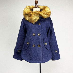 藏青色连帽毛呢短外套女2024秋冬修身显瘦双排扣插肩袖卡其色大衣