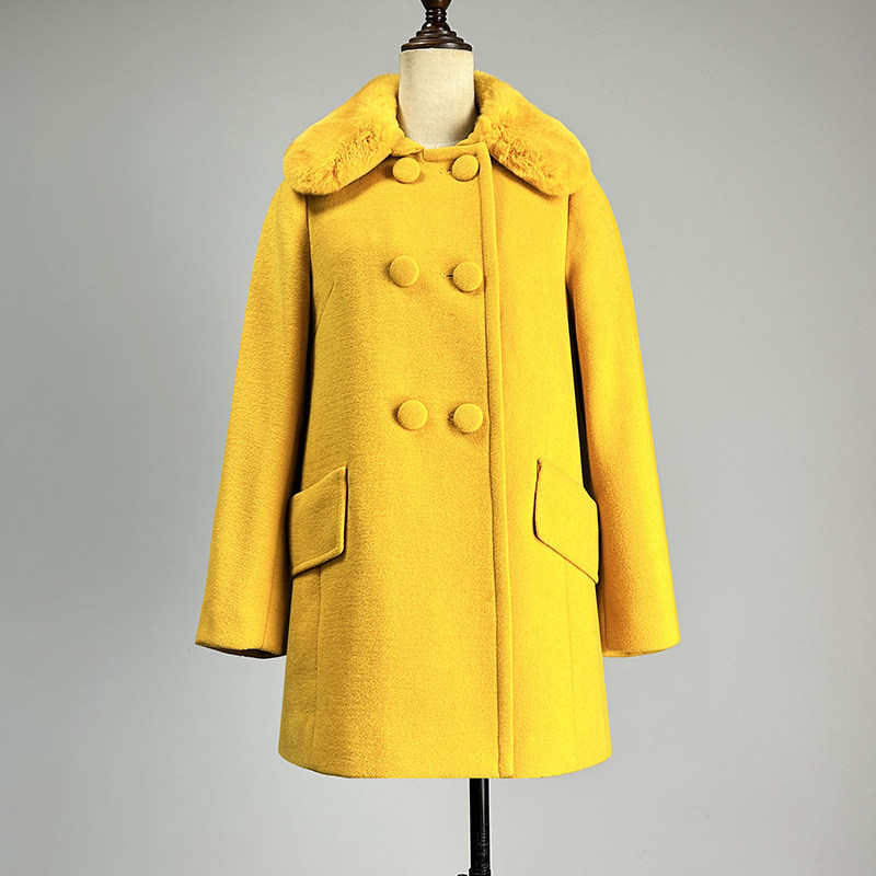 品牌中长款黄色羊毛呢大衣女2025秋冬双排扣可拆卸毛领POLO领外套