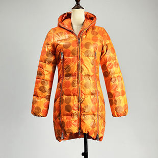 中长款白鸭绒桔红连帽羽绒服女2025秋冬修身甜美加厚保暖波点外套