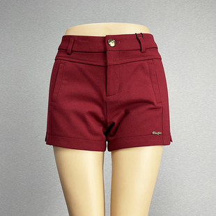 酒红色弹力短裤直筒裤女2025中腰修身显瘦性感百搭包臀休闲裤子