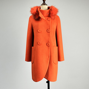 品牌中长款桔红色羊毛呢大衣女2025秋冬修身显瘦双排扣立领外套