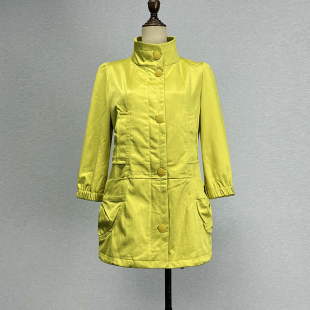 出口外贸原单黄色七分袖 风衣女欧美风春秋多口袋光泽立领拉链外套
