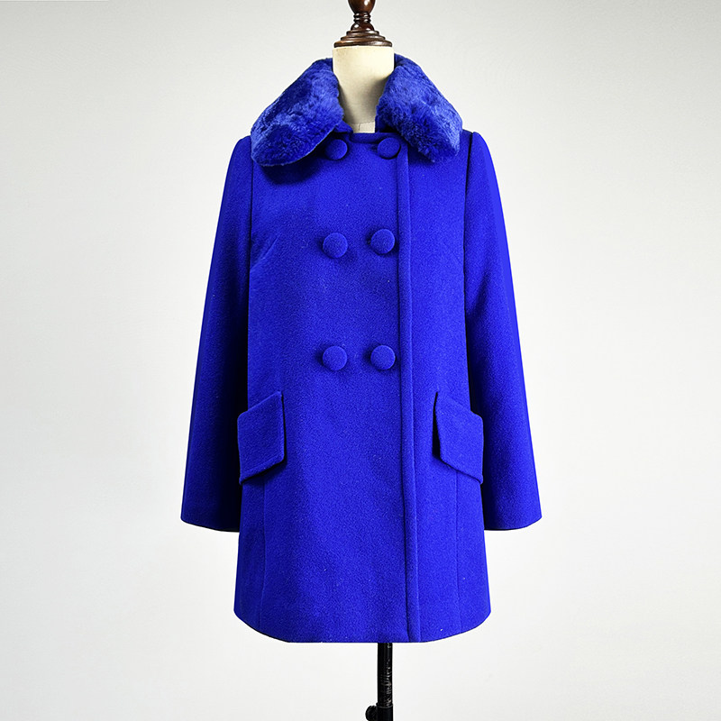 品牌中长款蓝色羊毛呢大衣女2025秋冬双排扣可拆卸毛领POLO领外套