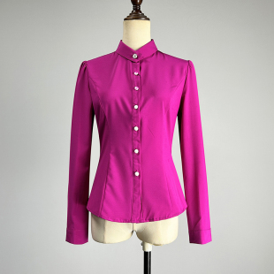 弹力修身 女2025春秋职业装 显瘦性感单排扣立领衬衣 衬衫 玫红色长袖