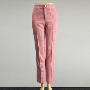 女2025职业装 直筒裤 中腰修身 包臀西裤 品牌粉红色格子西装 九分裤 裤