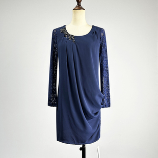 蓝色蕾丝九分袖 性感镂空钉珠直筒裙小个子中裙 连衣裙2025弹力修身