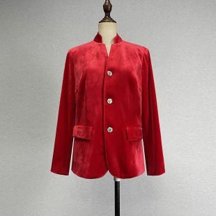 品牌折扣红色金丝绒西装 宽松百搭单排三料扣立领西服 女高档时尚