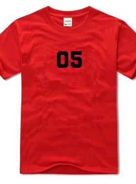 简约百搭打底05数字 纯棉宽松圆领短袖青少年大码红色休闲潮男T恤