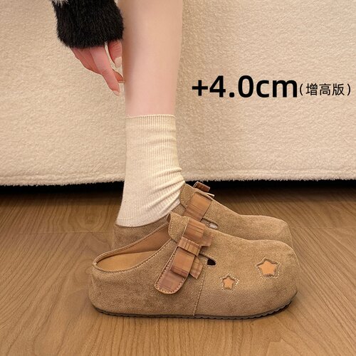 复古内增高勃肯鞋女2026新款春季一脚蹬蝴蝶结单鞋厚底包头半拖鞋