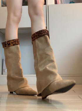 辣妹豹纹尖头裤管靴女秋2025新款复古两穿可拆卸皮带扣坡跟中筒靴