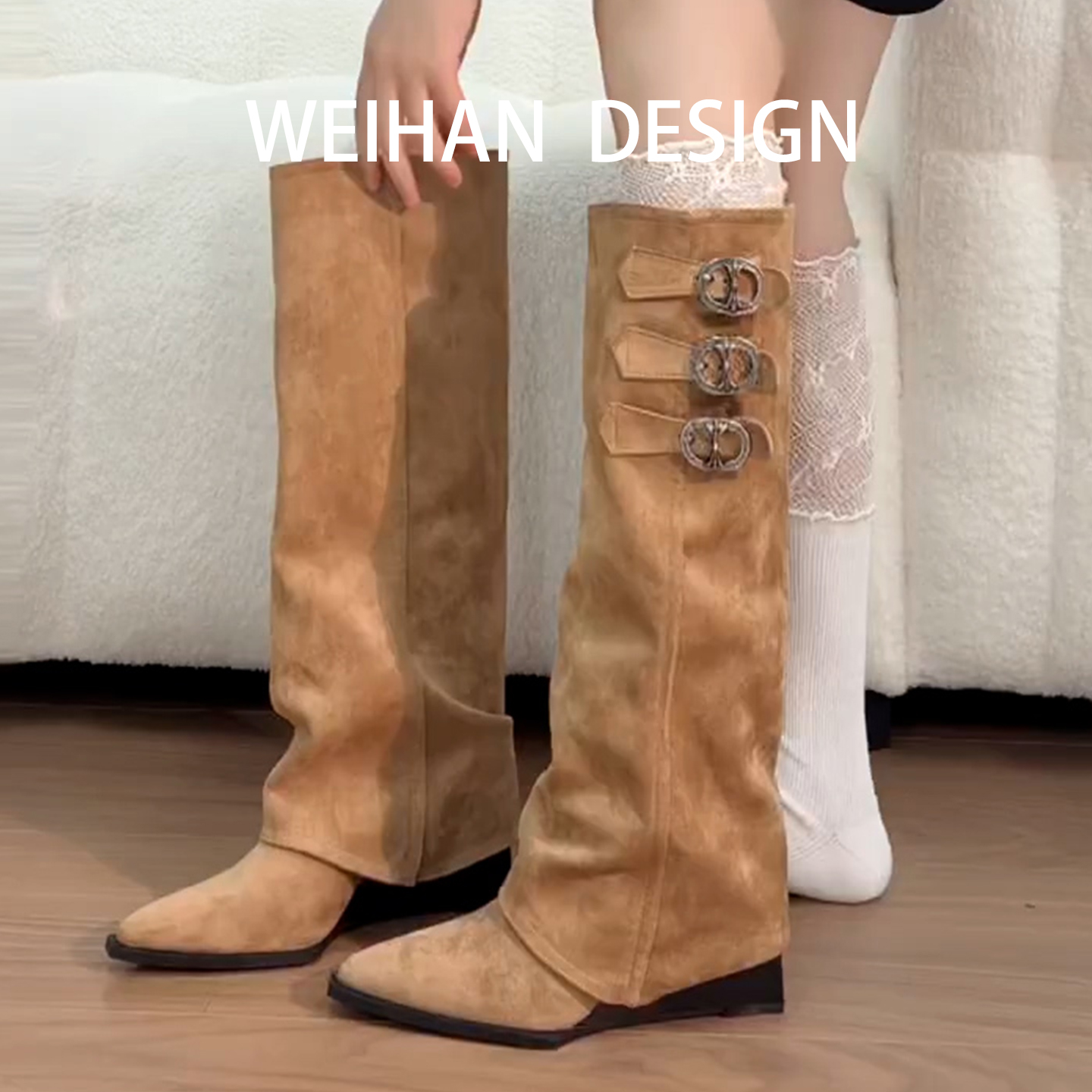 坡跟骑士靴女不过膝长筒靴
