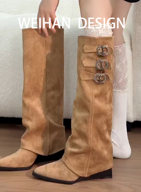 2025秋冬新款尖头坡跟高跟骑士靴女辣妹皮带扣裤管靴不过膝长筒靴