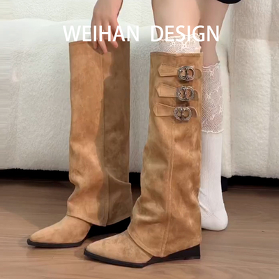 坡跟骑士靴女不过膝长筒靴