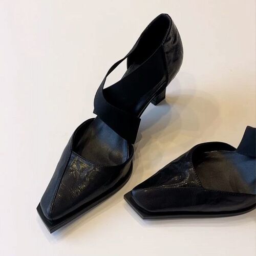 法式交叉松紧带方头高跟玛丽珍鞋