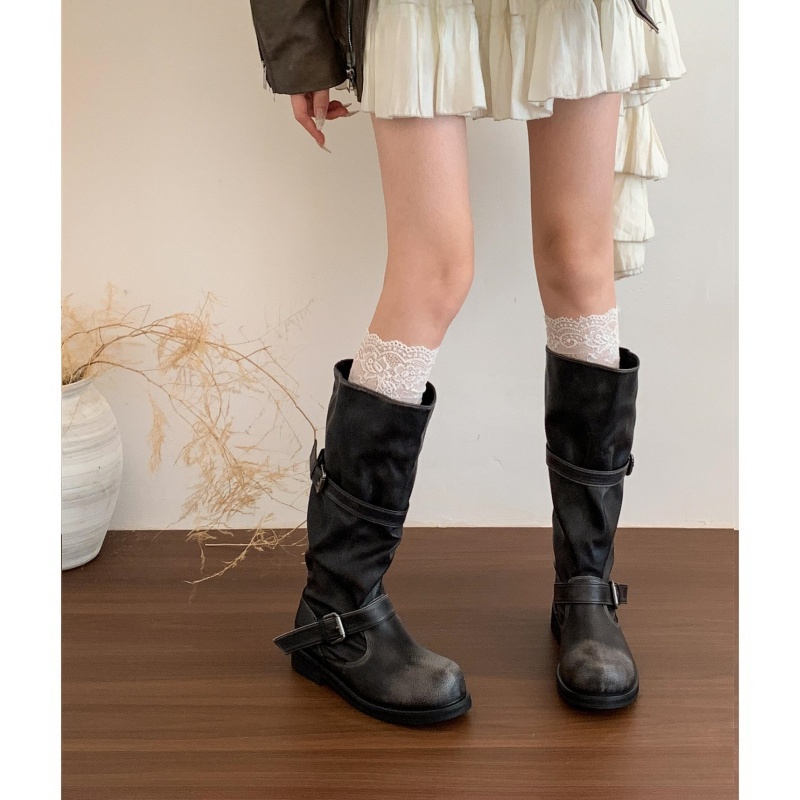 复古擦色中筒靴不过膝长靴