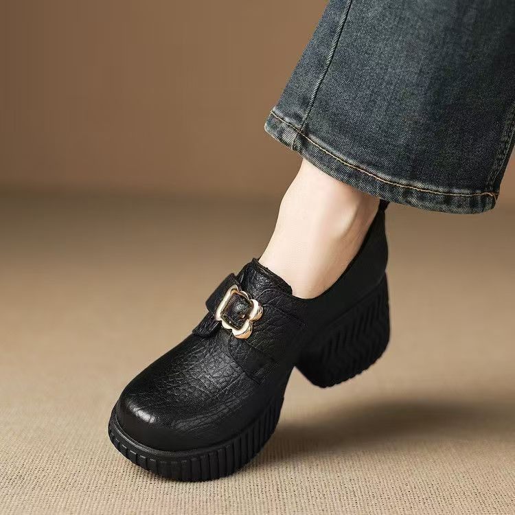 复古风厚底深口单鞋乐福鞋女黑色圆头金属扣小皮鞋通勤百搭小个子,女鞋,深口单鞋,淘宝优惠券,粉丝福利购,淘宝优惠卷