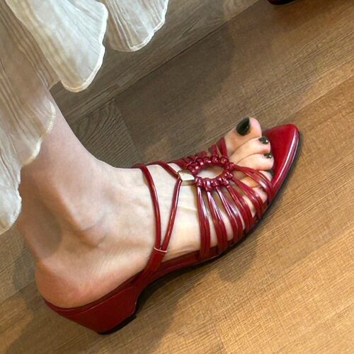 法式编织带尖头坡跟显瘦女一字拖