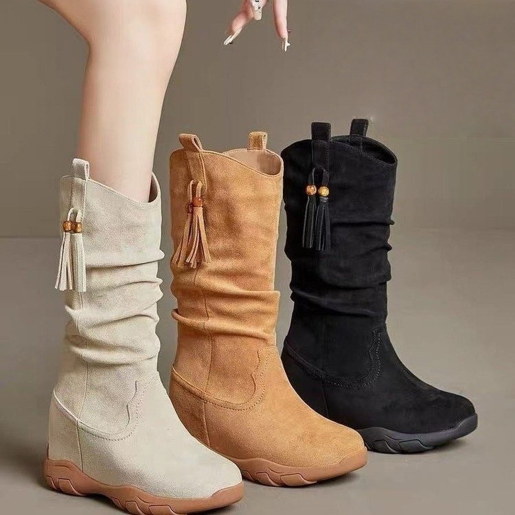内增高不过膝长靴复古v口堆堆靴