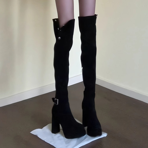 黑色高筒显高粗跟女骑士靴冬季
