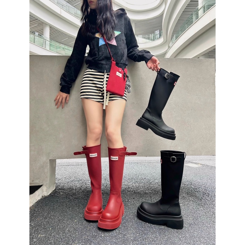 厚底防滑高筒红色雨靴子