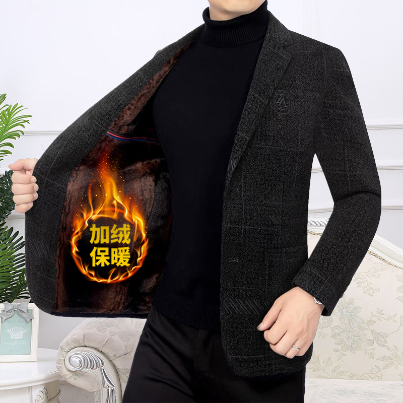 秋冬季新款加绒加厚西装中年男士单西外套爸爸高档休闲西服男上衣