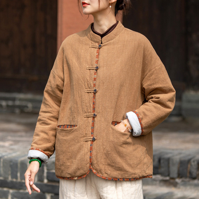 中国风复古棉麻棉服女秋冬短款中式苎麻盘扣唐装夹棉小棉袄薄外套