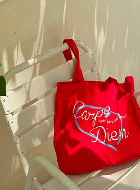 青桃原创2026新年红色单肩帆布包通勤大容量简约时髦收纳帆布袋