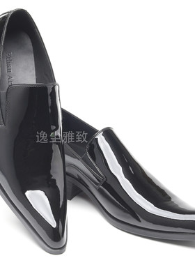 逸尘雅致日系商务正装尖头系带搭扣套脚男士青年漆皮礼服皮鞋