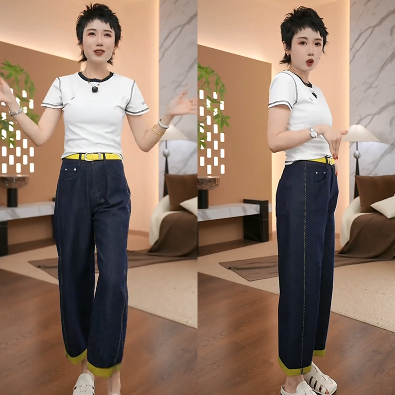 宽松显瘦薄款翻边九分直筒裤子女